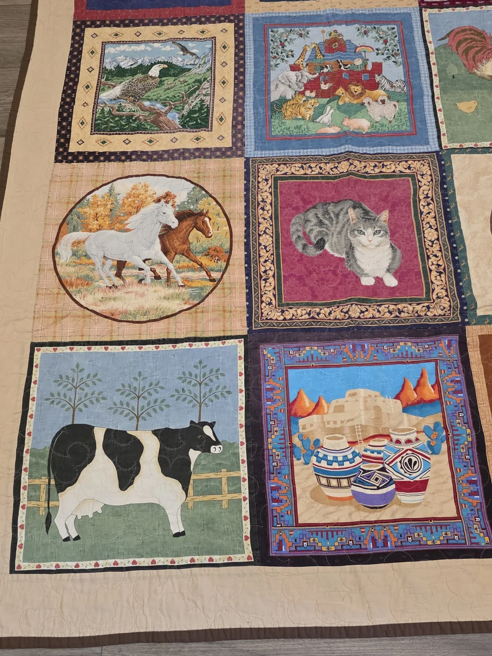 Vtg Handmade Wildlife Quilt Throw Rustic Cabin Lodge Decor, Deer Wolf Fox Animal
